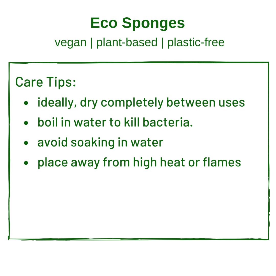 Shows Care Tips for the sponge: Ideally, dry completely between uses. Boil in water to kill bacteria. Avoid soaking in water. Place away from high heat or flames.
