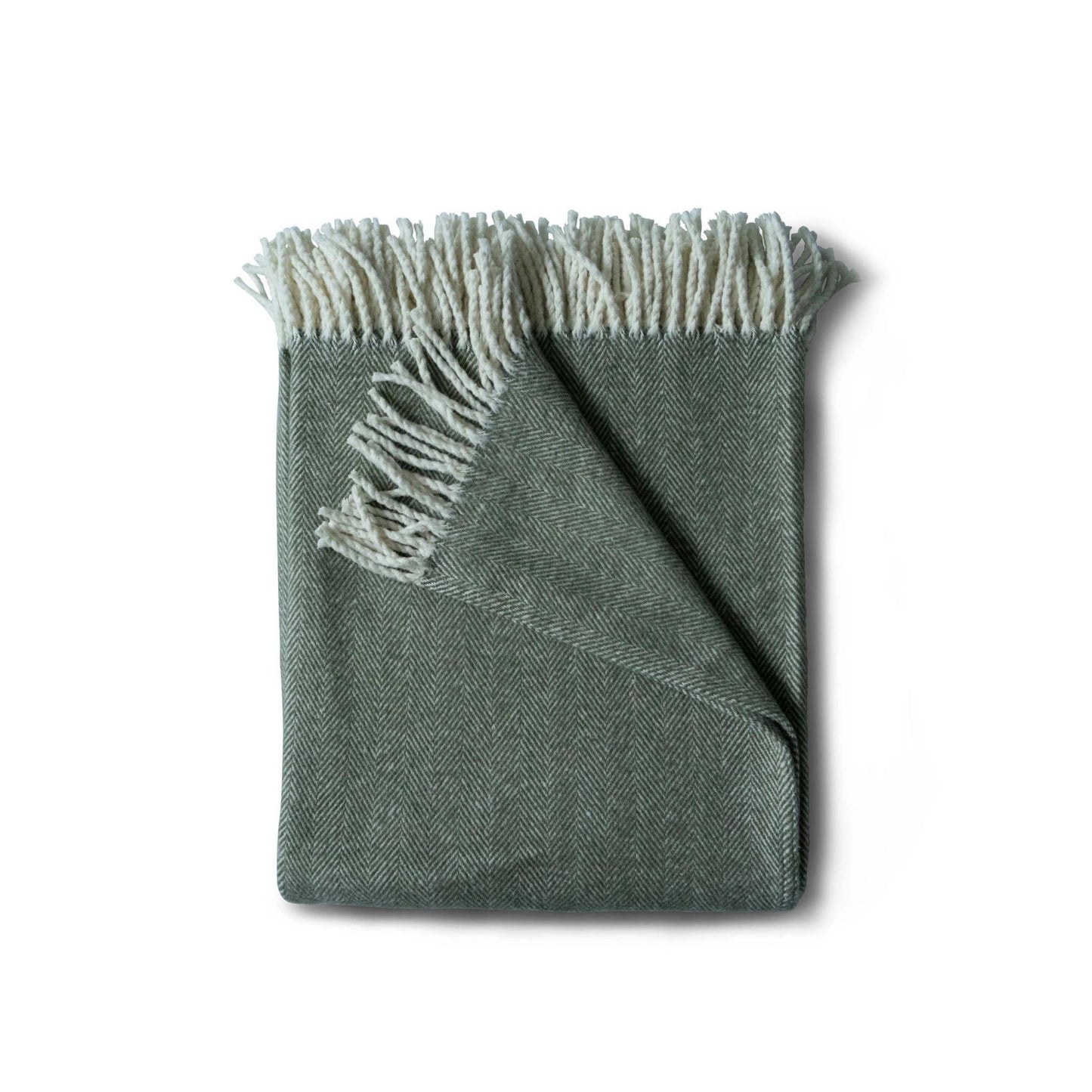 Brushed cotton throw blanket in moss green herringbone pattern with cotton fringe  
