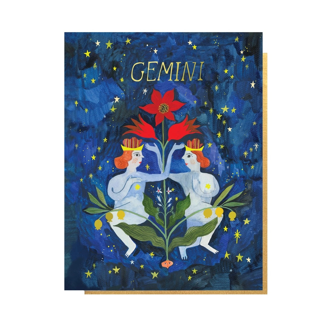 Folding card with illustration of twins intertwined with flowers in starry sky Gemini written above