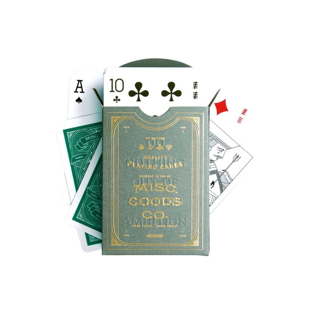 Pack of illustrated high-quality playing cards in cactus green with gold foil embossed box