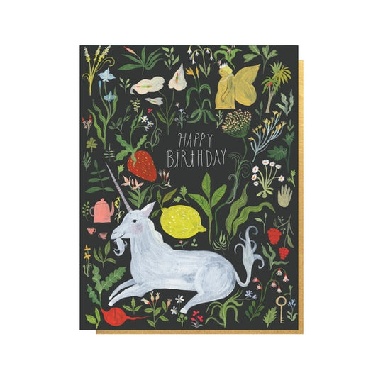 Folding card with illustration of unicorn, plants, teapot, key, and fairy queen Happy Birthday written above