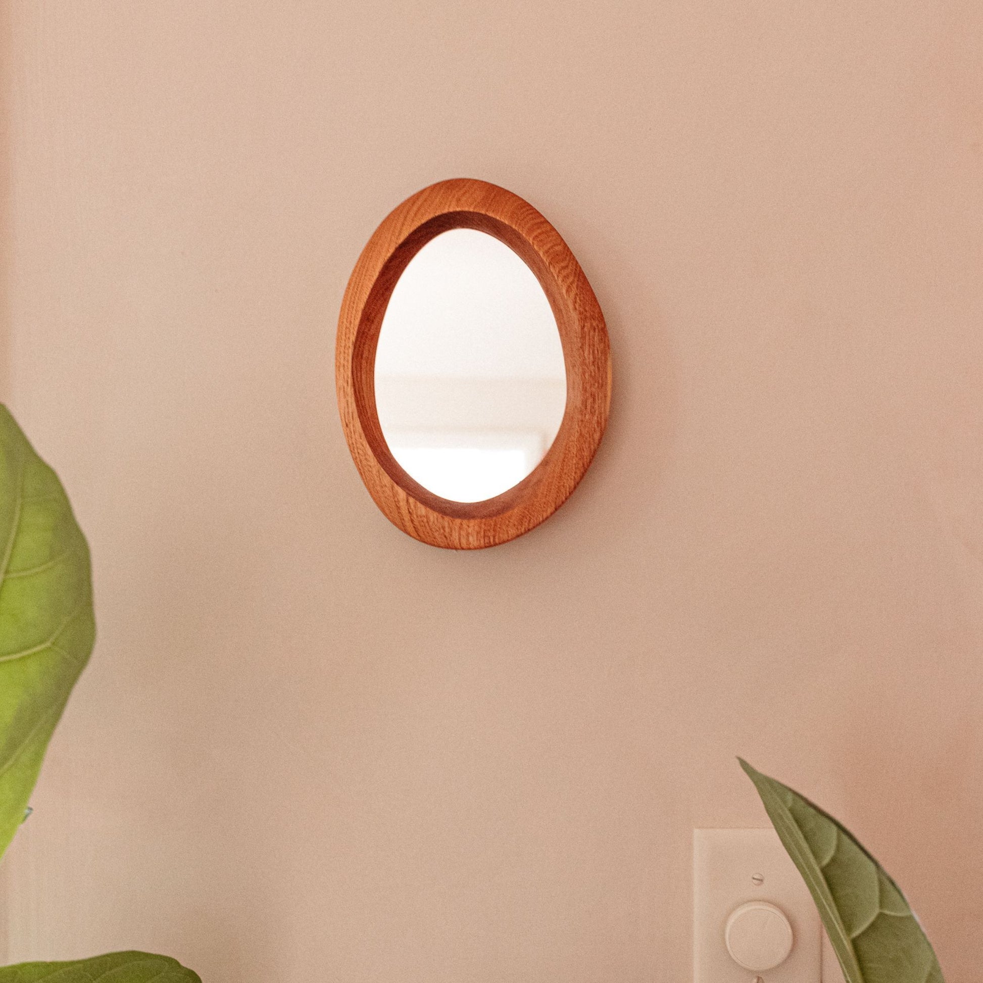 Hand-Carved Wood Organic Mirror hanging on a rose wall