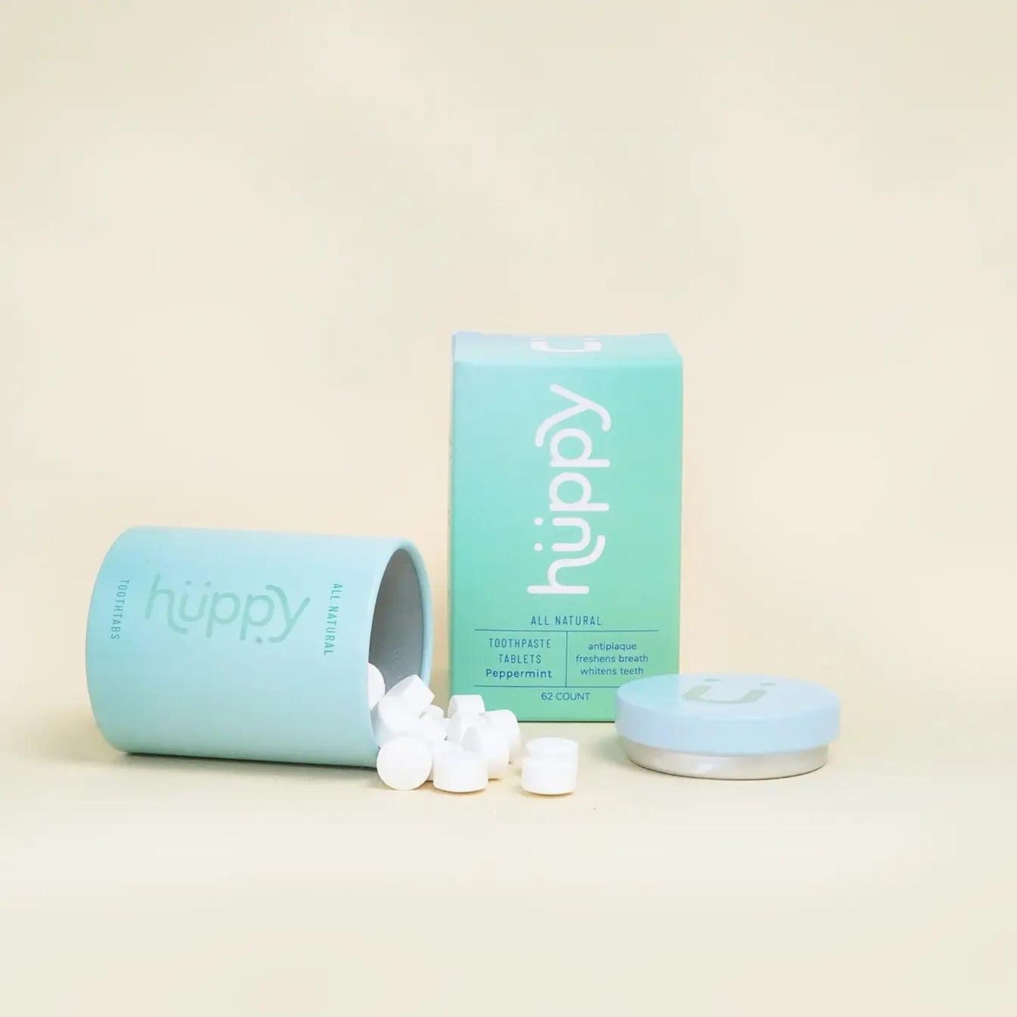 Huppy Peppermint toothpaste tablets in reusable tin