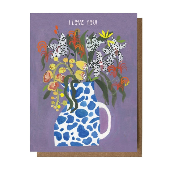 Folding card with illustration of flower bouquet in painted vase I Love You! written above