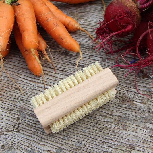 Double-sided scrub brush made of Tampico fibers and Ash wood pictured with beets and carrots