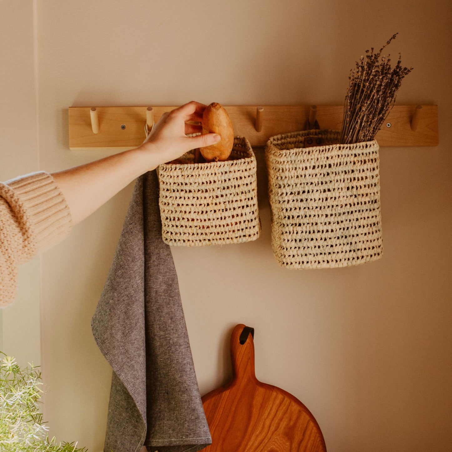 hanging wall baskets for vegetables or flowers in the kitchen