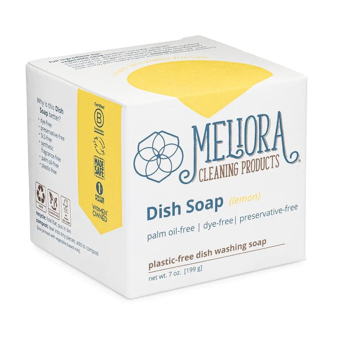 Box of 7-ounce bar of lemon-scented solid dish soap for hand washing dishes, pots, pans, and hands