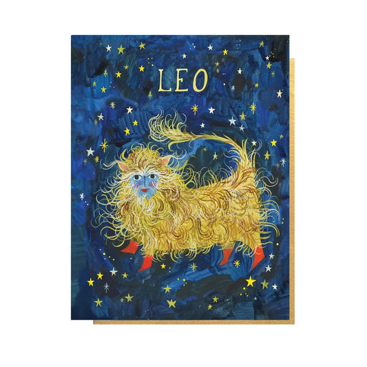 Folding card with illustration of lion and starry sky Leo written above