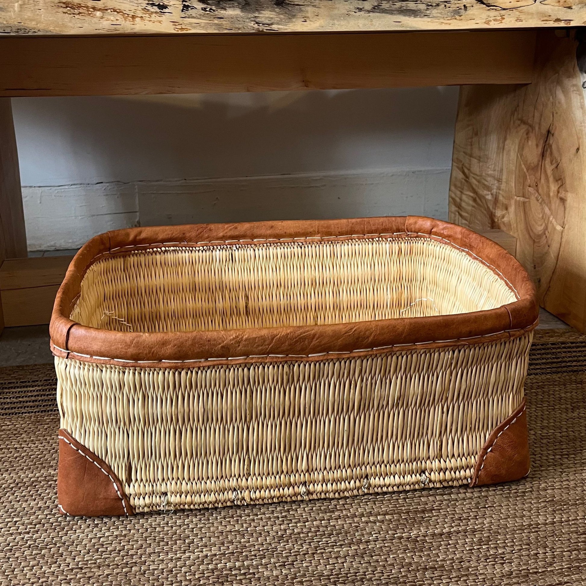 Medium woven palm and leather-trimmed rectangular storage basket