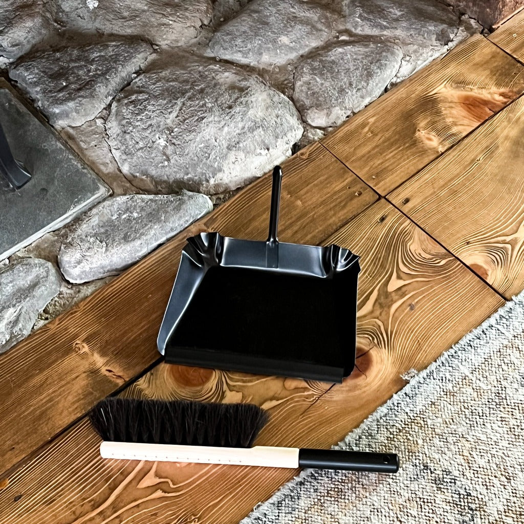 8-inch long hand broom with horsehair bristles and beechwood handle shown with dustpan