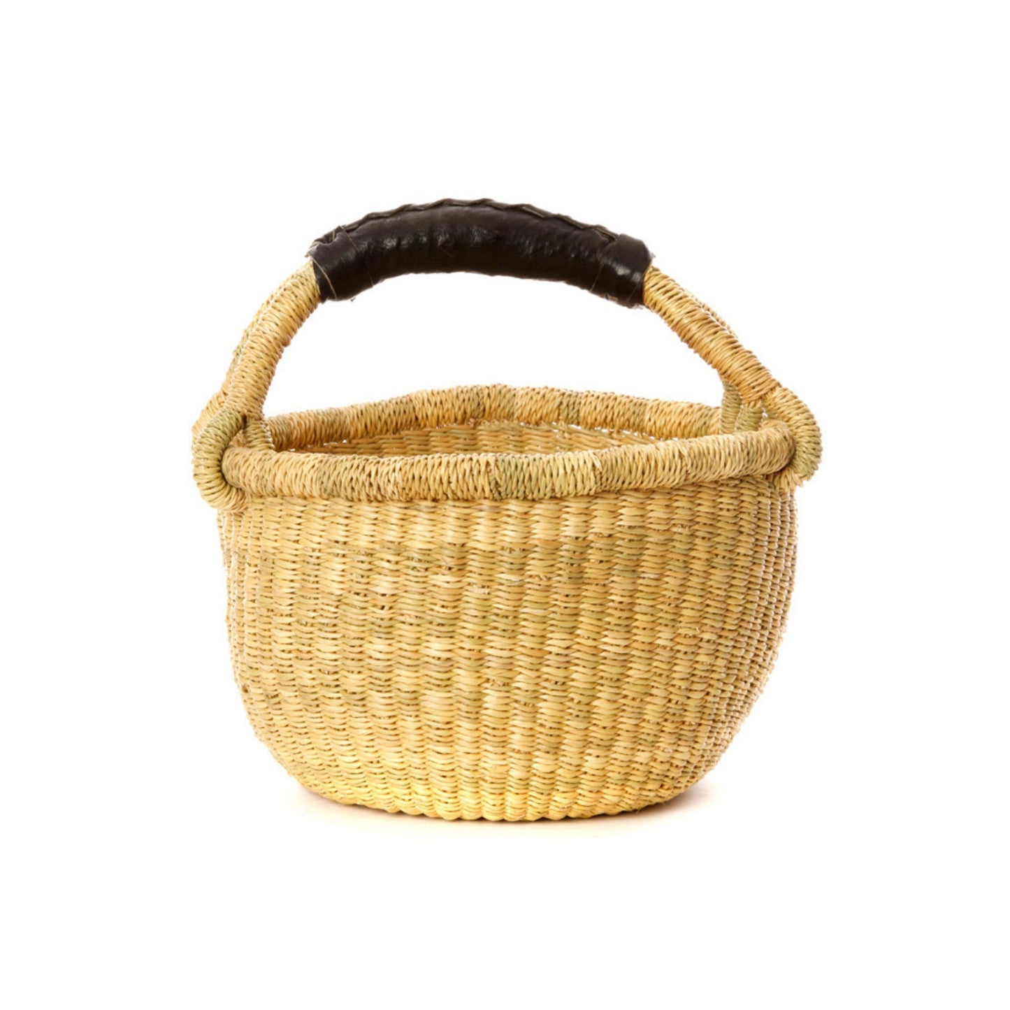 Mini natural bolga basket with black leather handle