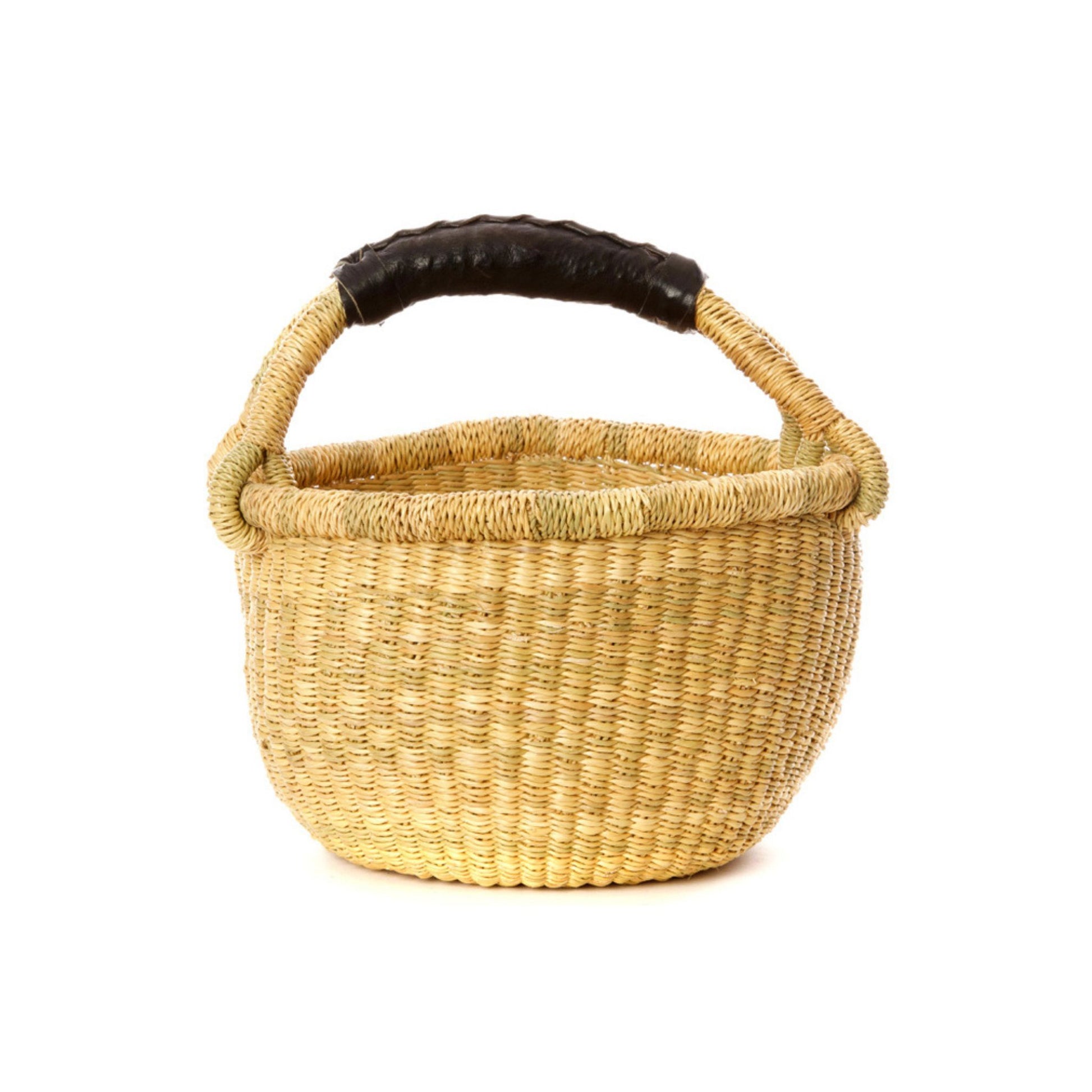 Mini natural bolga basket with black leather handle