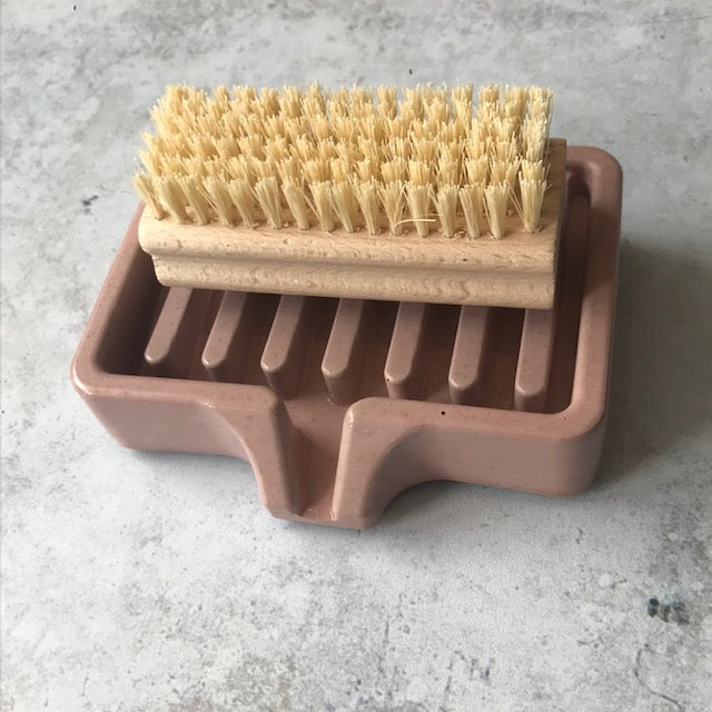 Concrete Soap Dish with Drain in rose color with a nail brush