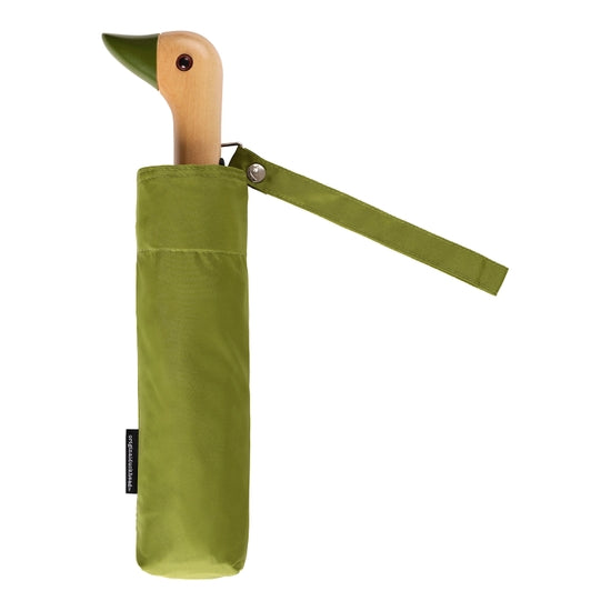 Compact umbrella in olive with birchwood handle in the shape of duck head