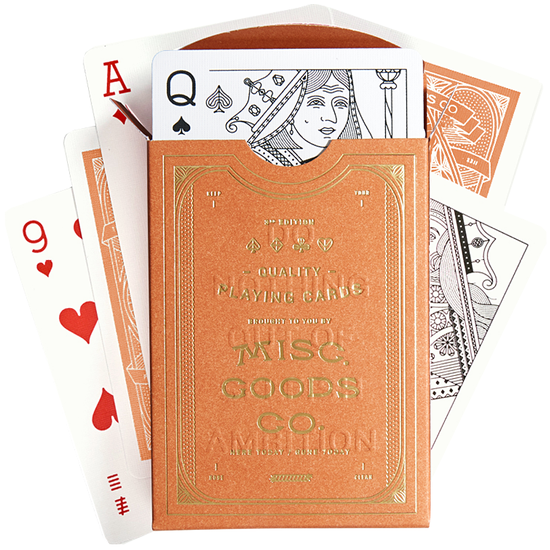 Pack of illustrated high-quality playing cards in orange with gold foil embossed box