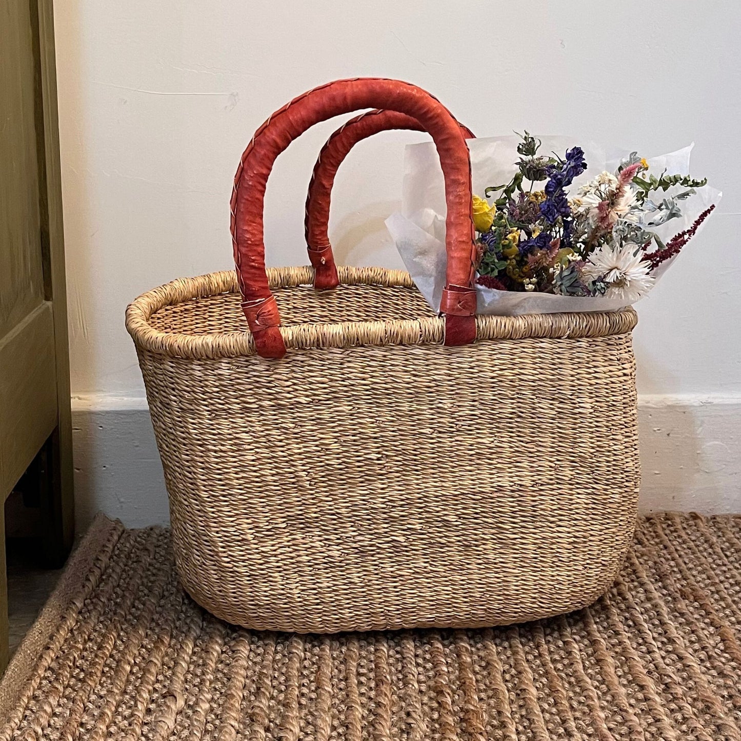 Oval Natural Bolga Tote Basket with Leather Handle