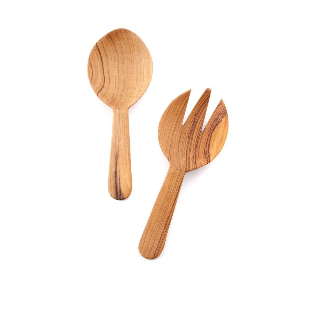 Pair 8.25 inch long salad servers made of olive wood 