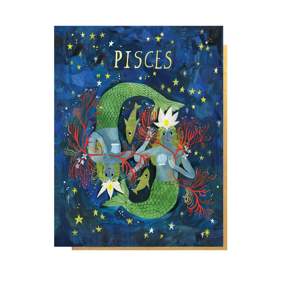 Folding card with illustration of two mermaids intertwined with fish and coral Pisces written above