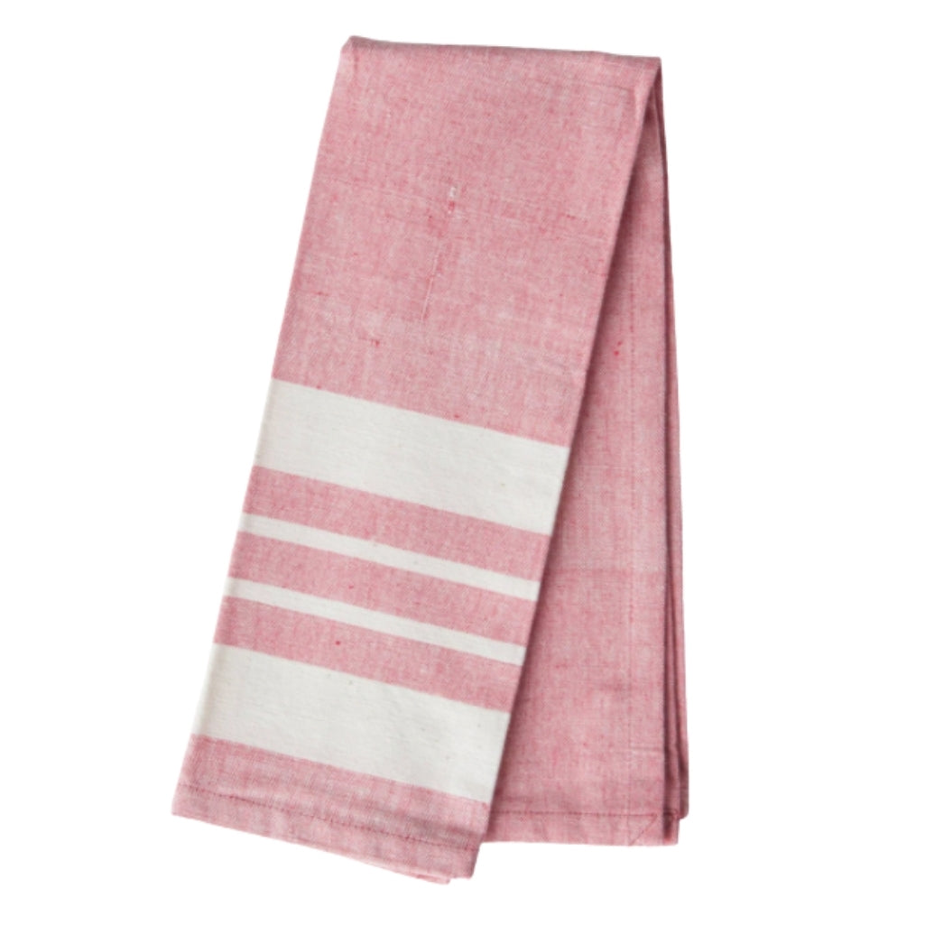 100% handwoven soft cotton kitchen towel in red tomato stripe with hanging loop