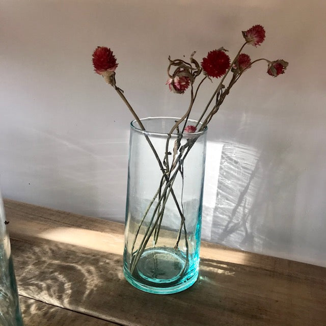 recycled glass vase with dried flowers