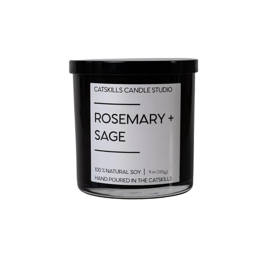 9-ounce hand-poured jar candle with lid made of natural soy and scents of eucalyptus, pine, rosemary, cedar and sage
