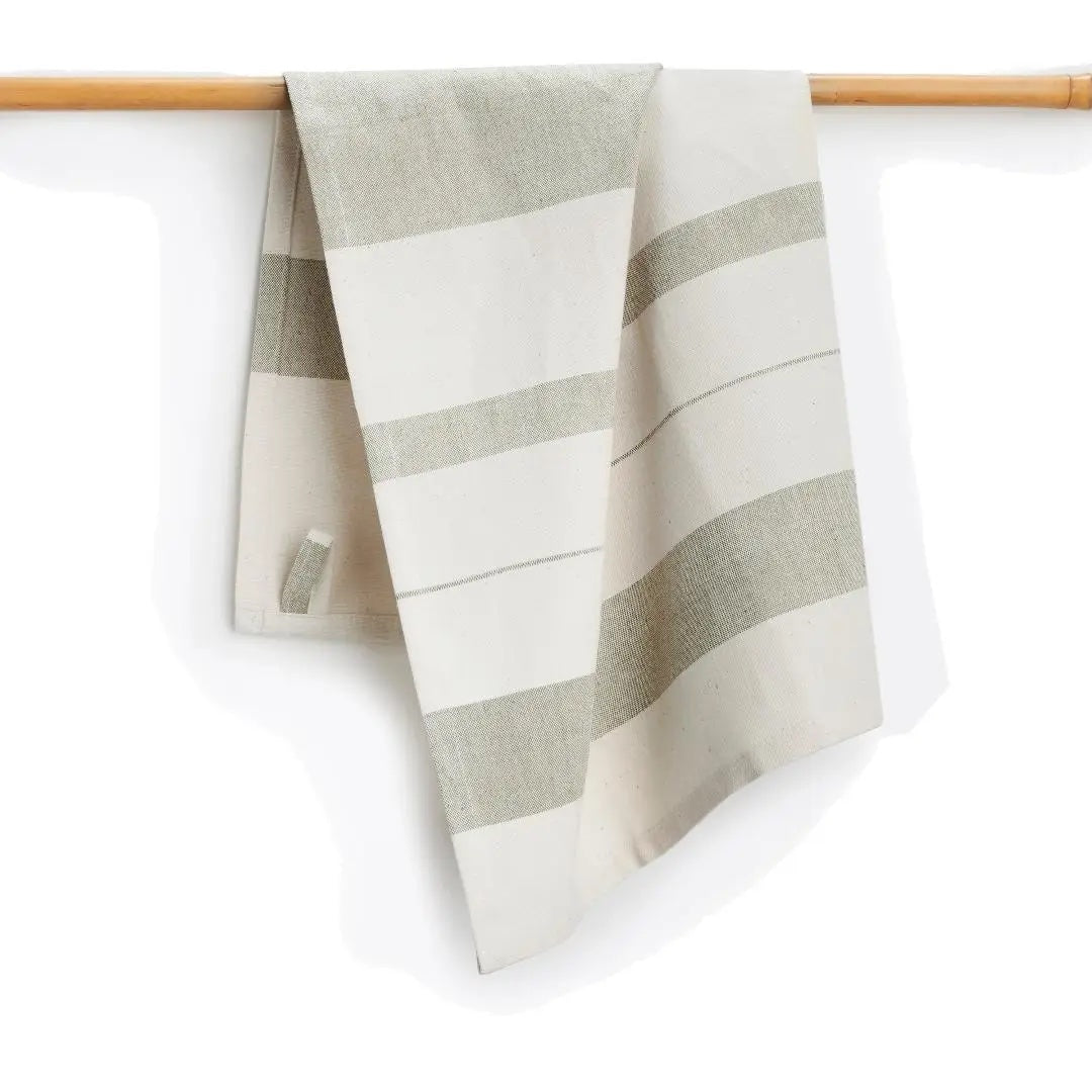 100% handwoven soft cotton kitchen towel in sage green stripe with hanging loop