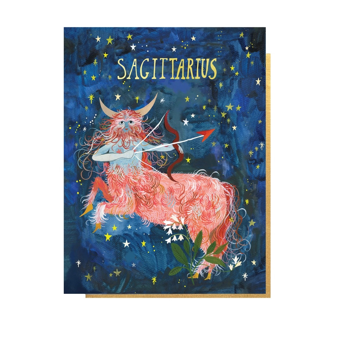 Folding card with illustration of a centaur archer and starry sky Sagittarius written above
