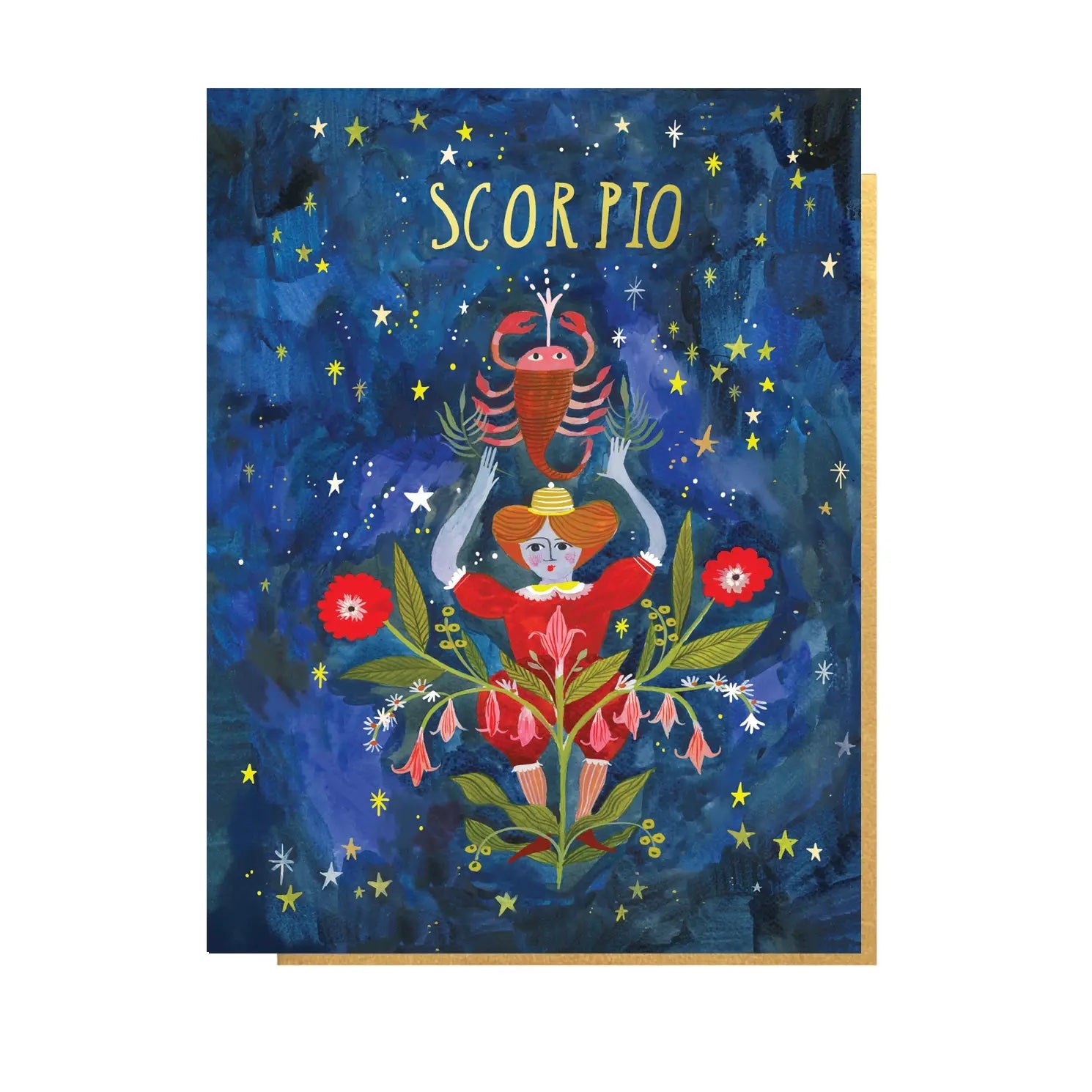 Folding card with illustration of woman in flowers holding a scorpion to the sky Scorpio written above