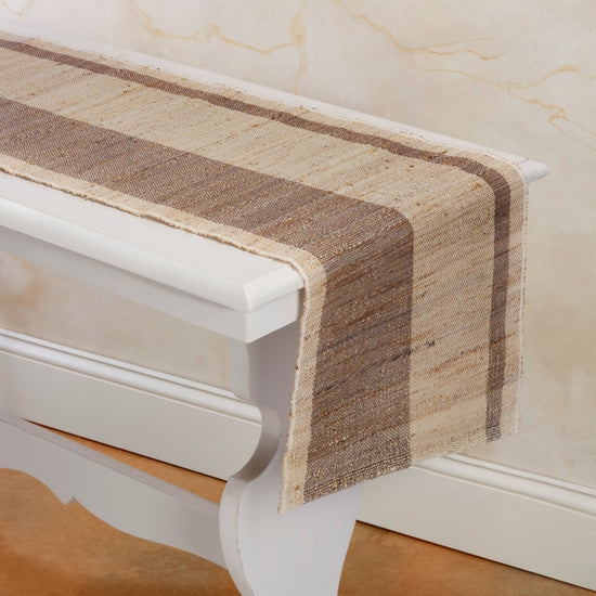 Banana plant fiber and cotton blend handwoven table runner in sea salt and natural stripe