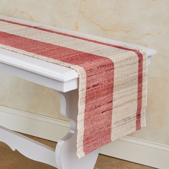Banana plant fiber and cotton blend handwoven table runner in tomato and natural stripe