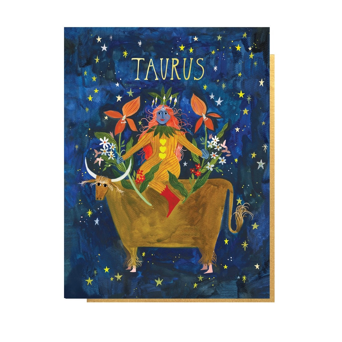 Folding card with illustration of woman on a a bull with flowers in a starry sky Taurus written above