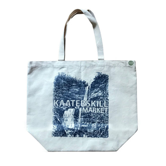 Large canvas tote bag with image of waterfall in the Catskill Mountains and Kaaterskill Market printed in dark blue ink on front 