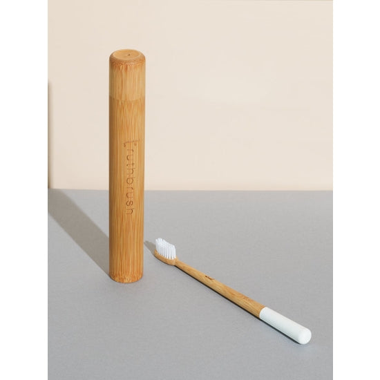 Bamboo toothbrush travel case pictured with bamboo toothbrush (sold separately)