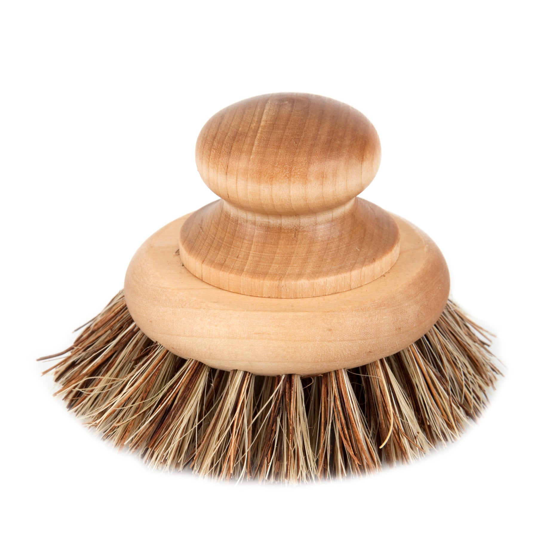 Sturdy brush for pots and pans with round maple handle and Tampico and Bassine bristles