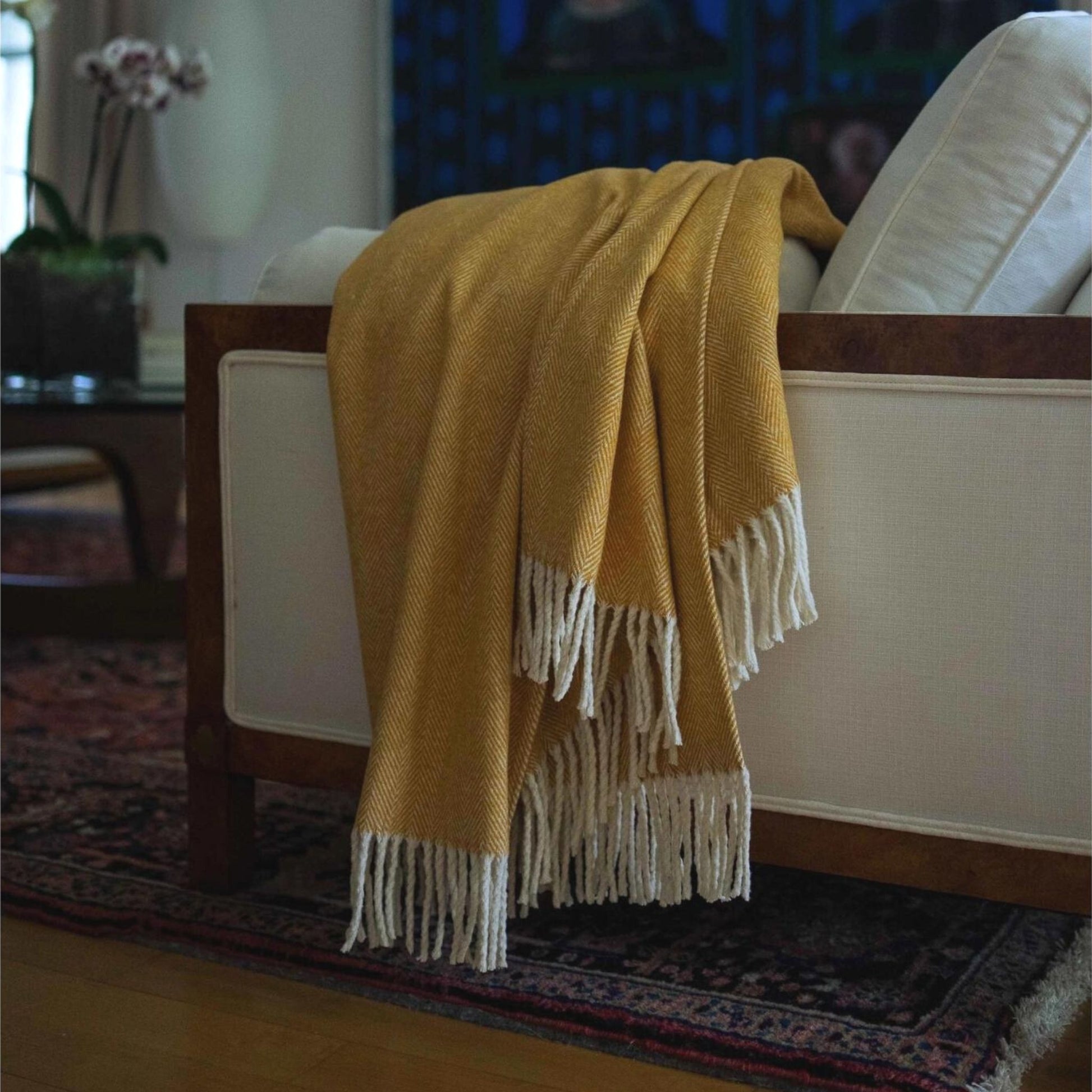 Yellow and white brushed cotton Blanket with herringbone pattern which feels as soft as cashmere